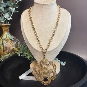 Vintage Gold Filigree Flower‎ Necklace | Large Pendant | 18 In Statement Jewelry